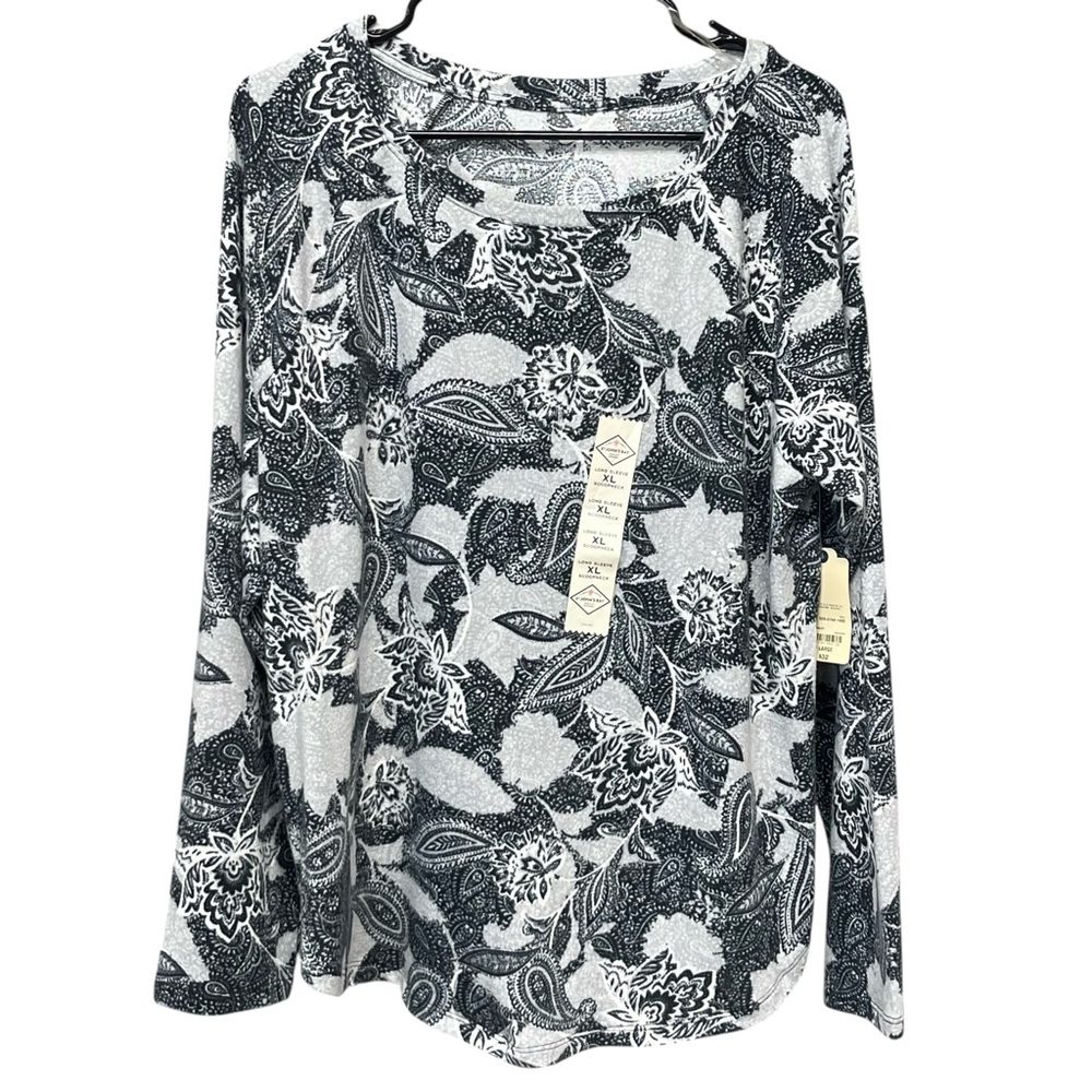 NWT St. John's Bay Black and White Paisley Long Sleeve Top Woman’s Size XL